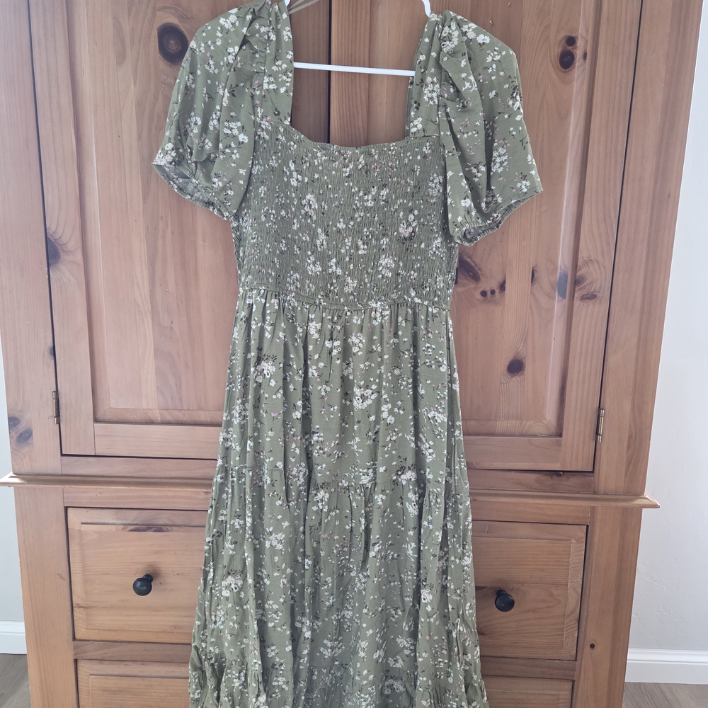 Elegant Olive Floral Midi Dress